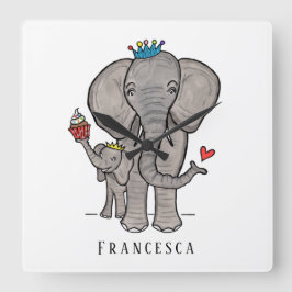 Personalisierter Niedlicher Elefant und Baby Quadratische Wanduhr