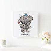 Personalisierter Niedlicher Elefant und Baby Quadratische Wanduhr (Zuhause)