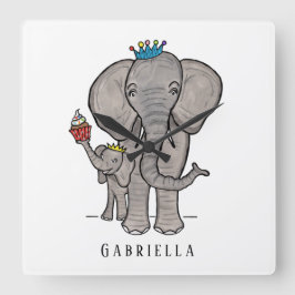Personalisierter Niedlicher Elefant und Baby Quadratische Wanduhr