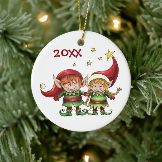 Personalisierter Niedlicher Elf Couple Urlaub Weih Keramik Ornament (Baum)
