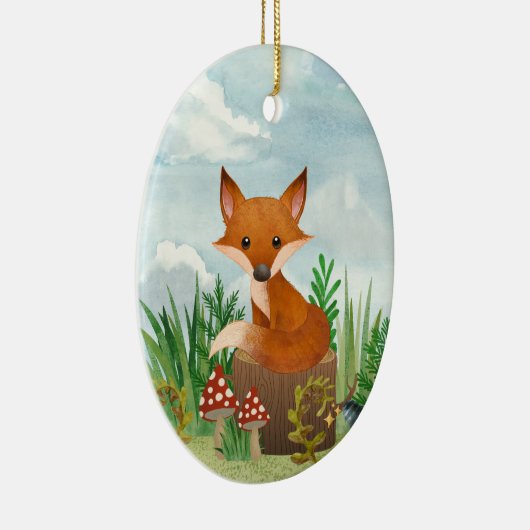 Personalisierter Niedlicher Fox auf Baumstumpf Wei Keramik Ornament (Rechts)