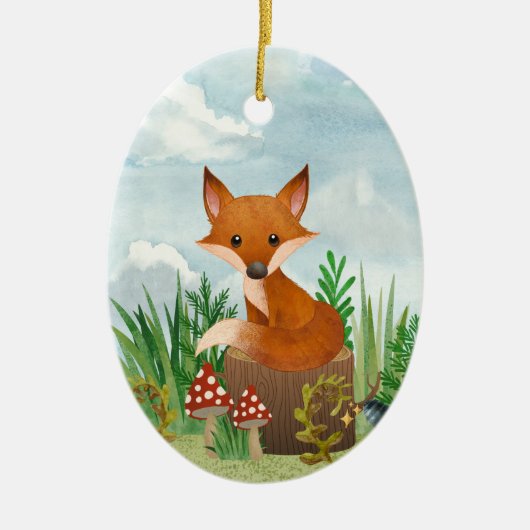 Personalisierter Niedlicher Fox auf Baumstumpf Wei Keramik Ornament (Vorne)
