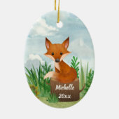 Personalisierter Niedlicher Fox auf Baumstumpf Wei Keramik Ornament (Hinten)