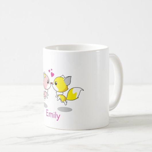 Personalisierter Niedlicher Fox in Gelb & Rosa mit Kaffeetasse (VorderseiteRechts)