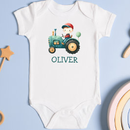 Personalisierter Niedlicher grüner Traktor für Jun Baby Strampler