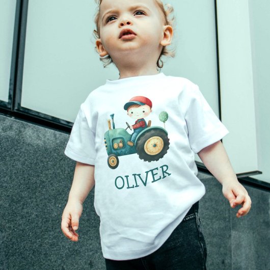 Personalisierter Niedlicher grüner Traktor für Jun Baby T-shirt