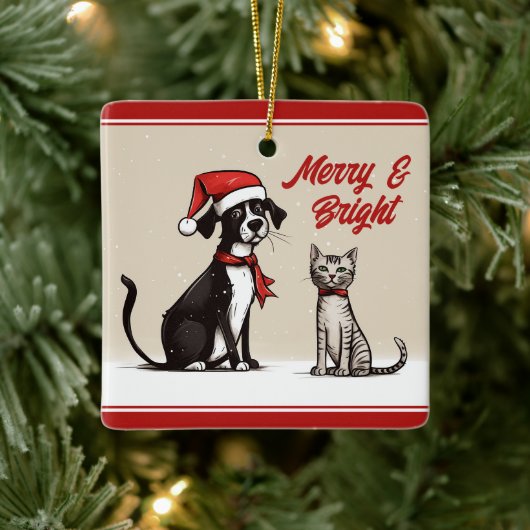Personalisierter Niedlicher Hund und Katze Weihnac Keramikornament (Baum)