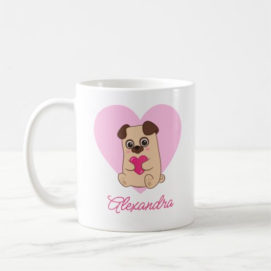 Personalisierter Niedlicher Kawaii Rosa Mops Name Kaffeetasse (Links)