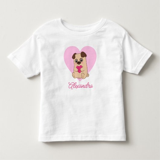 Personalisierter Niedlicher Kawaii Rosa Mops Name Kleinkind T-shirt (Vorderseite)
