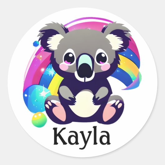 Personalisierter Niedlicher Koala-Bär und Regenbog Runder Aufkleber (Vorderseite)