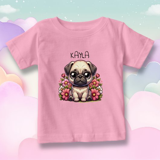 Personalisierter Niedlicher Mops Welpenhund Baby T-shirt