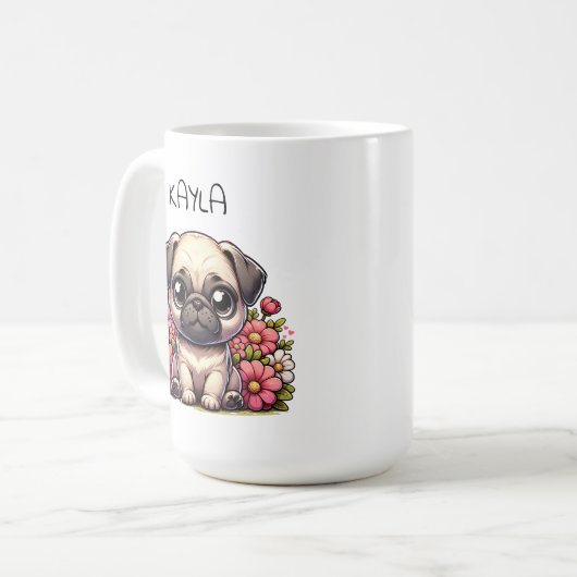 Personalisierter Niedlicher Mops Welpenhund Kaffeetasse (Vorderseite Links)