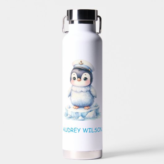 Personalisierter Niedlicher Pinguin-Kapitän Illust Trinkflasche (Vorne)