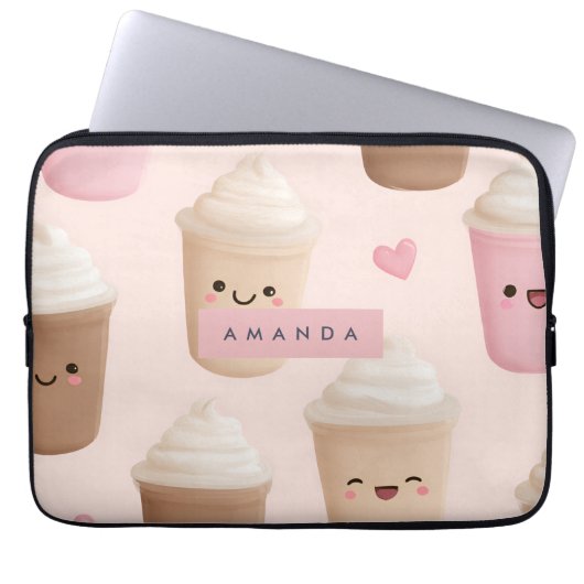 Personalisierter Niedlicher Pink Kawaii-Kaffeecup Laptopschutzhülle (Vorderseite)