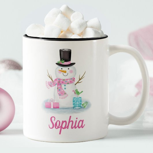 Personalisierter Niedlicher Pink Snowman Zweifarbige Tasse