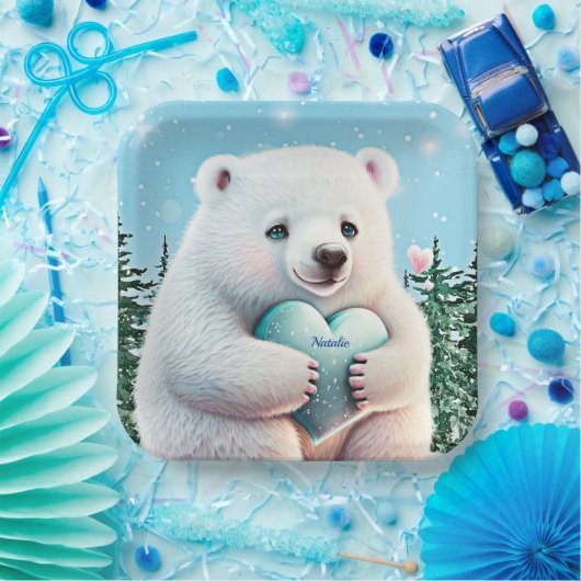 Personalisierter niedlicher Polarbär im Schnee mit Pappteller (Party)