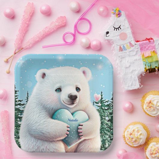 Personalisierter niedlicher Polarbär im Schnee mit Pappteller (Party)