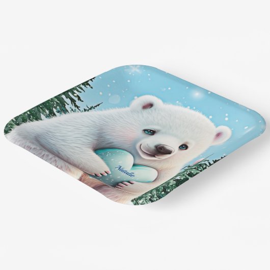 Personalisierter niedlicher Polarbär im Schnee mit Pappteller (Gewinkelt)