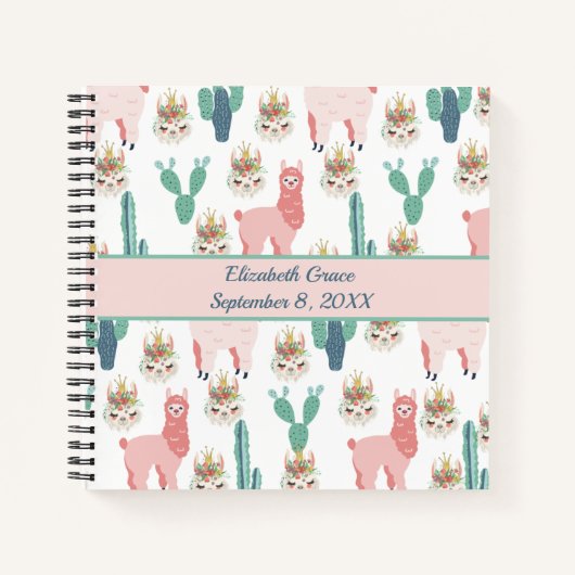Personalisierter Niedlicher Rosa Lama und grüner K Notizblock (Vorderseite)