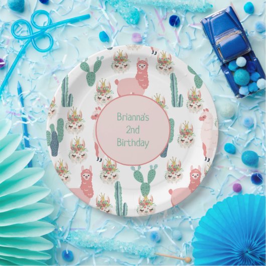 Personalisierter Niedlicher Rosa Lama und grüner K Pappteller (Party)