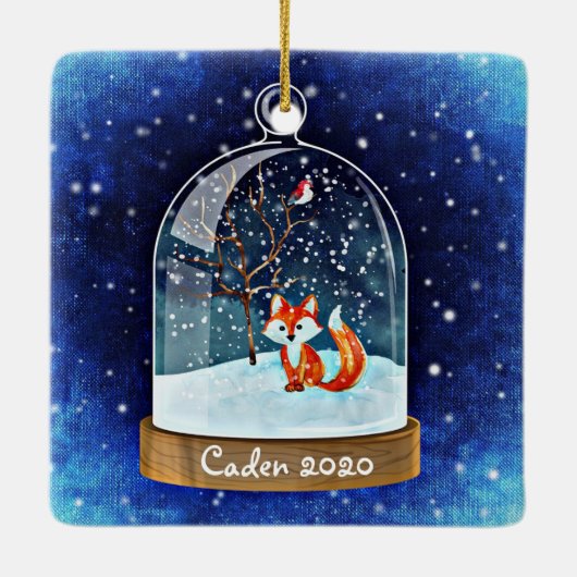 Personalisierter Niedlicher Rotfuchs in Snowglobe Keramikornament (Rückseite)