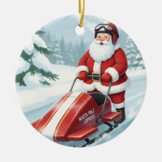 Personalisierter Niedlicher Santa Doing Snowmobili Keramik Ornament (Vorne)