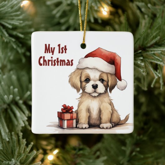 Personalisierter Niedlicher Santa Puppy Dog 1. Wei Keramikornament (Baum)