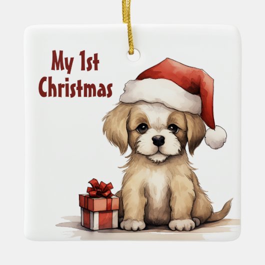 Personalisierter Niedlicher Santa Puppy Dog 1. Wei Keramikornament (Vorderseite)