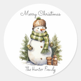 Personalisierter Niedlicher Snowman Watercolor Wei Runder Aufkleber