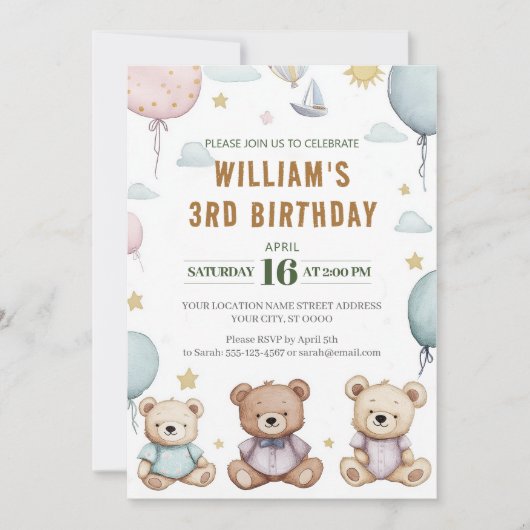 Personalisierter Niedlicher Teddy Bär Einladung zu (Vorderseite)