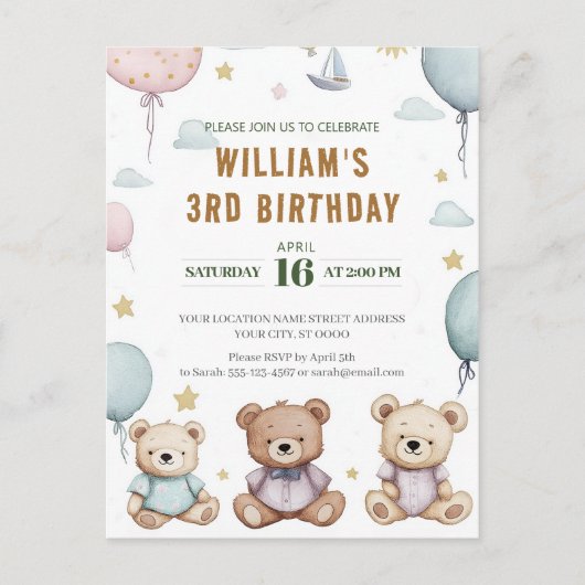 Personalisierter Niedlicher Teddy Bear Geburtstag Postkarte (Vorderseite)