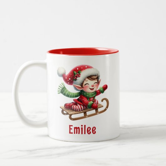 Personalisierter Niedlicher Weihnachtself Zweifarbige Tasse (Links)