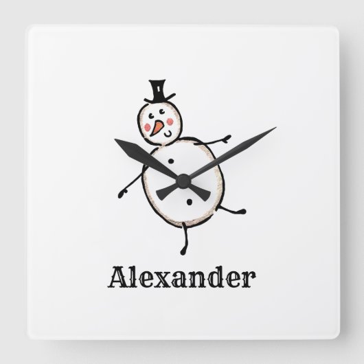 Personalisierter Niedlicher Weihnachtsschneemann A Quadratische Wanduhr (Vorderseite)
