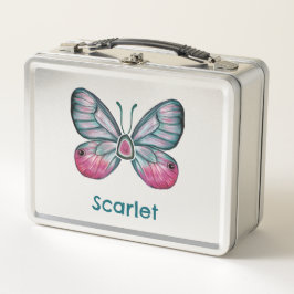Personalisierter Oktober Pink Glasswing Butterfly Metall Brotdose