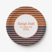 Personalisierter Orange Navy Blue Strip Abschluss Pappteller (Vorderseite)