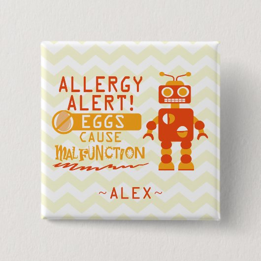 Personalisierter orange Roboter-Ei-Allergie-Alarm Button (Vorderseite)