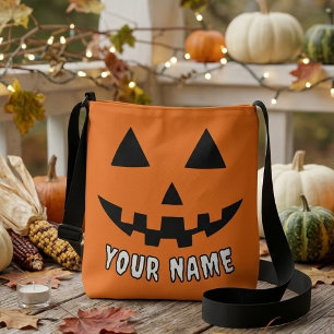Personalisierter orangefarbener Kürbis Halloween I Tragetaschen Mit Langen Trägern