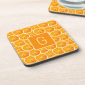 Personalisierter Orangen-Zitrus-Monogramm-Quadrat- Getränkeuntersetzer (Linke Seite)