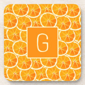 Personalisierter Orangen-Zitrus-Monogramm-Quadrat- Getränkeuntersetzer (Vorderseite)