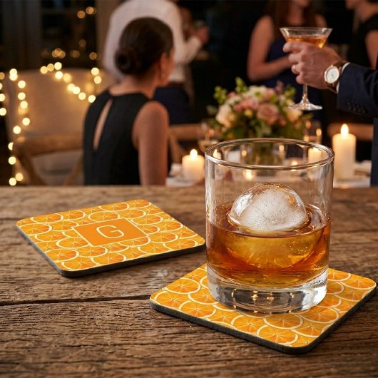 Personalisierter Orangen-Zitrus-Monogramm-Quadrat- Getränkeuntersetzer
