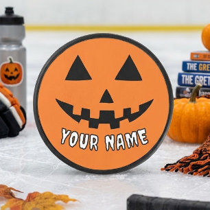 Personalisierter Oranger Kürbis Halloween Dein Nam Eishockey Puck