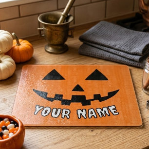 Personalisierter Oranger Kürbis Halloween Dein Nam Schneidebrett