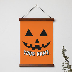 Personalisierter Oranger Kürbis Halloween Dein Nam Wandteppich Mit Holzrahmen