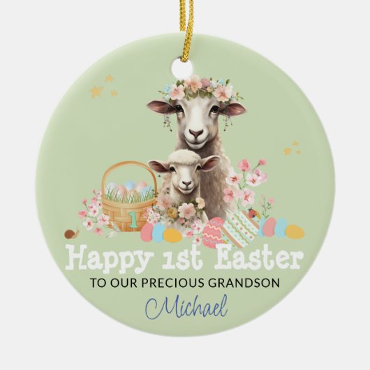 Personalisierter Osterhalt GREEN Lamm Keramik Ornament (Vorne)