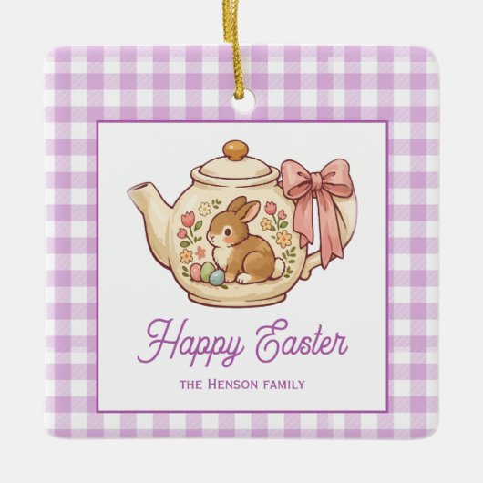 Personalisierter Osterhase Teekanne Gingham Famili Keramikornament (Vorderseite)