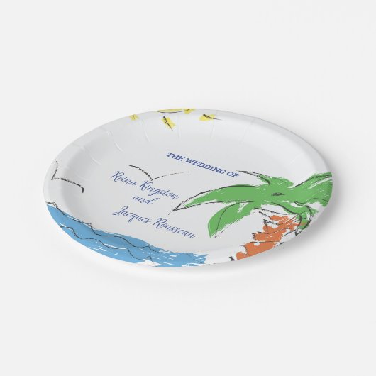 Personalisierter Palmenstrand Pappteller (Schrägansicht)