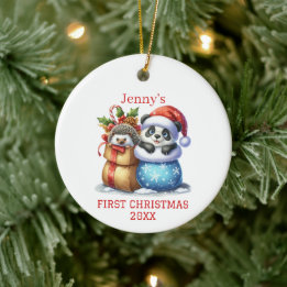 Personalisierter Panda Bär und Igel Cube Weihnacht Keramik Ornament