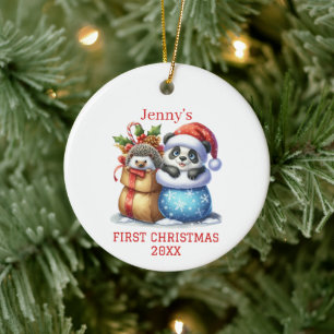 Personalisierter Panda Bär und Igel Cube Weihnacht Keramik Ornament