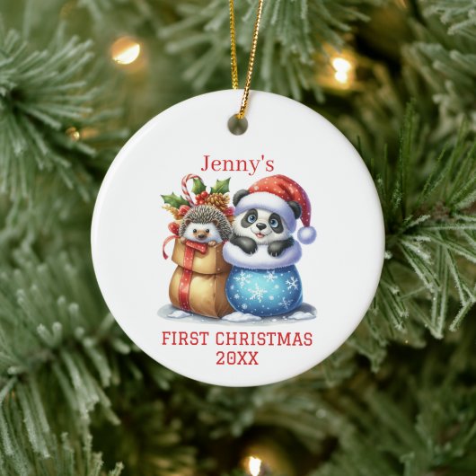 Personalisierter Panda Bär und Igel Cube Weihnacht Keramik Ornament (Baum)