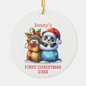Personalisierter Panda Bär und Igel Cube Weihnacht Keramik Ornament (Vorne)